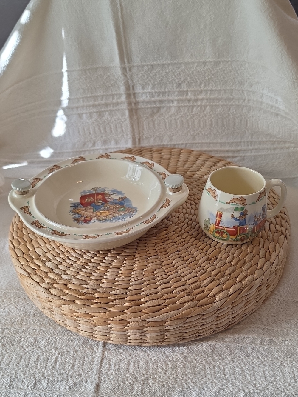 Vintage Royal Doulton Bunnykins 2pc Set Hot Water Warming Bowl Mug Train 1960s